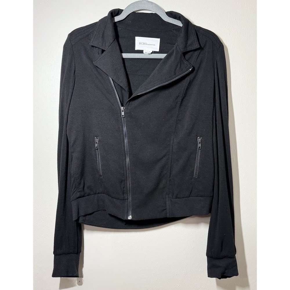 BCBG Generation Black Moto Jacket Womens Medium Cotton Rayon Stretch Full zip